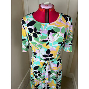 Women's Nina Leonard XL Multi-color Leaf Print Short Sleeve Maxi Dress